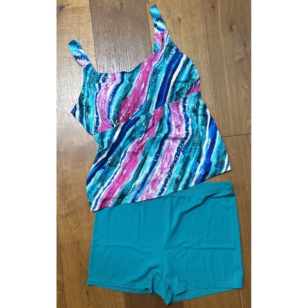 Kim Gravel Swimsuit For All Scoop Neck Tankini Bike Shorts Rainbow Stripe Sz 20